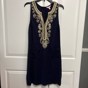 NWT Lilly Pulitzer Dress Womens 4 Navy Carlotta Stretch Shift Gold Embroidery